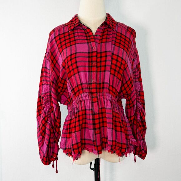 We the Free Free People | Pacific Dawn Red Pink Plaid Distressed Shirt | Sz S - Picture 2 of 12